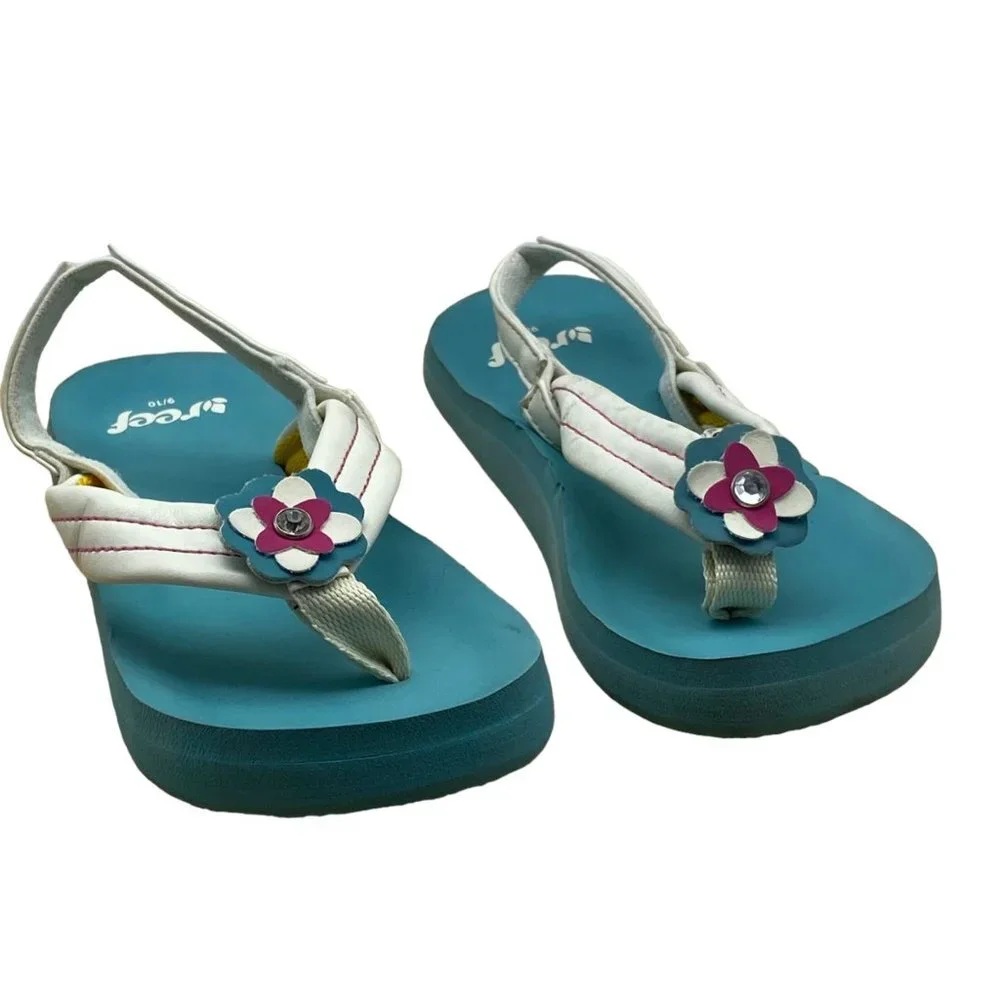 Reef Girl Light Blue Ankle Strap Little Ahi Floral Flip Flop Sandals Sz 9/10